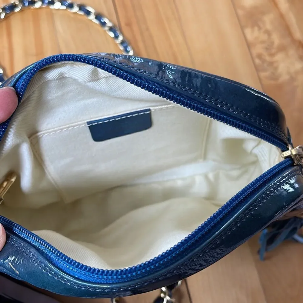 Nordstrom deep teal quilted patent leather woven chain crossbody bag. Tassel zip
